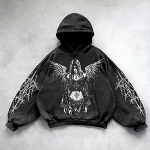 Sweat-shirts personnalisés en gros, effet délavé, 500 g/m², couleur noire, imprimé, à capuche, en coton, style vintage, délavé à l'acide - Product Image 5