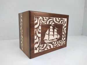 Wooden Urn <b>For</b> Human Urn <b>Ashes</b> Storage <b>Box</b> Boat Engraved Border Carved White Antique Design Keepsake Cremation Urn Best Gifting - Product Image 2
