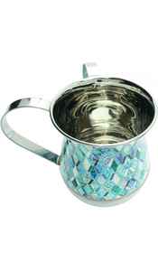Meilleure vente : Coupe à main en acier inoxydable personnalisée de 5 pouces (40 oz) avec décalcomanie élégante gris-or, pour le lavage des mains juif (Netilat Yadayim), en métal pour bassins - Product Image 3