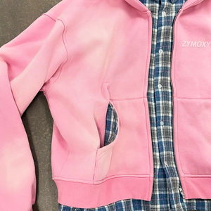 Veste zippée pour homme, personnalisée OEM, en flanelle épaisse doublée, rose vintage, unie, effet délavé soleil et délavé à l'acide, coupe ample et courte, style hoodie - Product Image 4