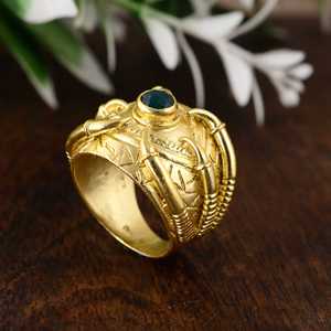 Vintage Hip Hop Boho Green Onyx Tribal <b>Ring</b> Chunky Brass <b>Ring</b> for Women 18k Gold Plated Vintage <b>Statement</b> Band Wholesale OEM ODM - Product Image 1
