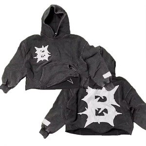 Custom Acid Wash Hoodie Men Vintage Charcoal Sweatshirt Heavyweight Cotton Fleece Cropped Patch Pullover Streetwear Blank - Product Image 2