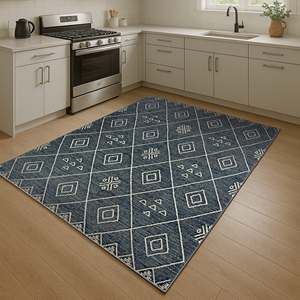 Tapis géométrique plat en tissage plat Mimoza bleu indigo, imprimé numérique lavable, tapis bohème moderne, antidérapant, zone et couloir, OEM ODM en gros - Product Image 3