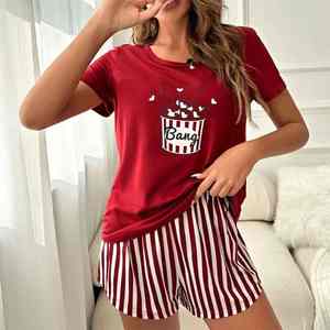 Conjunto de pijamas de algodón con estampado de rejilla de manga corta para mujer, Top y Pantalones suaves con estilo Loungewear - Product Image 3