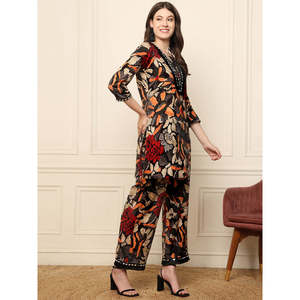 DEEBACO Women's Abstract Floral Printed Indo Western Co-Ord <b>Set</b> Rayon <b>Square</b> Neck 3/4 Sleeves Kurti with Pants Party Wear - Product Image 5