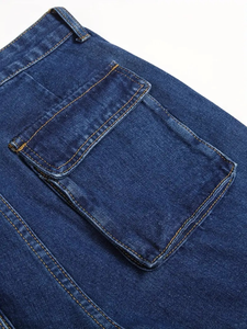 Jeans Denim biru pria reguler Fit agak ringan, desain kaki lurus multi-saku saku saku samping katun dapat dicuci - Product Image 4