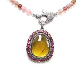 Argent Perle Bio Tourmaline Collier Perles Multi-Tourmaline Pave Diamant Pendentif Naturel Facettes Pierre De Luxe Bio Tourmaline - Product Image 2