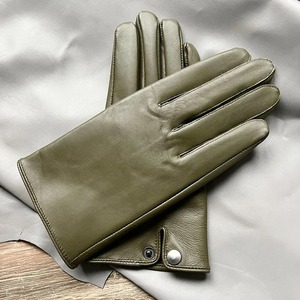 Gants en cuir véritable pour homme, élégants, verts, chauds, en peau de mouton, pour l'hiver, fermeture à pression au poignet - Product Image 4