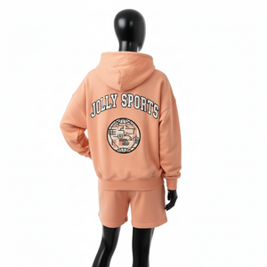 Ensemble de survêtement en molleton de coton et polyester 320 GSM de qualité supérieure pour femme, couleur beige pêche, tenue décontractée avec logo brodé - Product Image 3