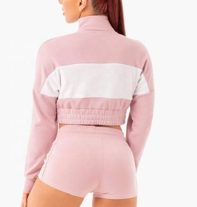 Haut court surdimensionné à manches longues pour femmes personnalisé 95% coton 5% Spandex Gym Hoodie brodé sur le devant Fitness Pull - Product Image 2