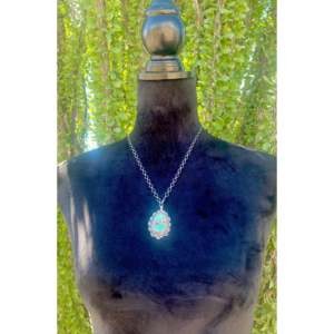 Carico Lake Turquoise Sterling <b>Silver</b> Necklace by Sheila Becenti-Bezel Set Box <b>Chain</b> - Product Image 3