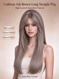 Ash Brown Long Straight <b>Wig</b> High Layered Smooth Fiber Natural Volume Daily Wear Hairpiece - Product Image 1