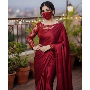 Premium Vintage Deep Red Silk <b>Saree</b> Intricate Lace Embroidery Floor-Length <b>Blouse</b> Matching Face Mask-Ready Wear Custom Colors - Product Image 2