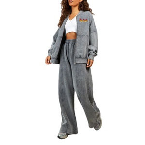 OEM/ODM Custom Printed Logo 3 Piece Acid wash Women Jogger Sets High Quality 100% Cotton Oversize Crop top Women's Tracksuit - Product Image 1
