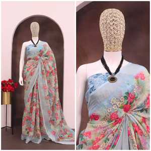 Seda de Georgette de Saree elegante para mujer con estampado digital para uso informal y regular Diseño simple Precio bajo - Product Image 3