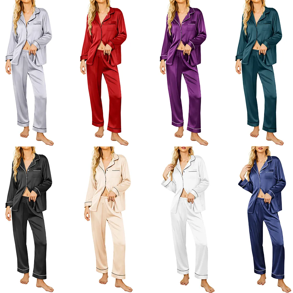 Piyama Kancing Bawah Satin Lembut Sutra Es Lengan Panjang Set Pakaian Tidur Piyama Mewah Loungewear Pj Set untuk Wanita