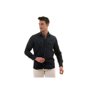 เสื้อทรงสลิมฟิตผ้าฝ้ายสไตล์ตะวันตกสีน้ำเงินเข้มกระเป๋าคู่ - Product Image 1