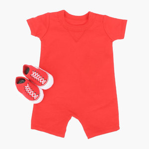 Ensemble de vêtements pour enfants en coton doux, à manches courtes, avec boutons et logo imprimé, rouge, printemps-été, cadeau, vente en gros - Product Image 1