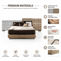 Lit King Moderne de Luxe Italien en Cuir Nappa Bicolore avec Tête de Lit Modulaire Asymétrique, Cadre en Bois de Pin, Confortable, Gain de Place, Rembourré