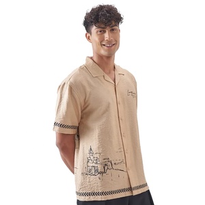 Men's Beige Short Sleeve Casual Shirt Hand Drawn Castle Print Turn-Down Collar 100% Cotton Poplin Summer Wear - Product Image 1