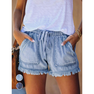 Paola Riboni Pantalones cortos de mezclilla para mujer, lavado claro, cintura alta, con cordón, informales, de verano, con bolsillos y dobladillo deshilachado - Product Image 1