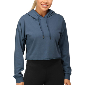 Sweat-shirt à capuche court pour femme, couleur unie, épaules tombantes, manches longues, tricoté, décontracté, pour l'automne - Product Image 1