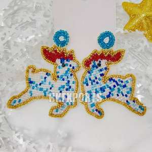 Handmade Women's Fashionable Silver <b>Hoop</b> <b>Earrings</b> Cute Reindeer Head Beaded Winter Festive Holiday Jewelry Christmas Collection - Product Image 1