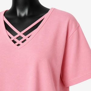 Camiseta Oversize Rosa Personalizada con Cuello en V y Tirantes Cruzados para Mujer, de Algodón, Estilo Casual Holgado, Streetwear, OEM ODM al por Mayor - Product Image 6