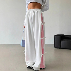 Hot Selling Spring Autumn Loose Plain Dyed <b>Women's</b> Casual <b>White</b> Sports Pants <b>Elastic</b> <b>Waist</b> Bow Detail Contrast Stripes - Product Image 3
