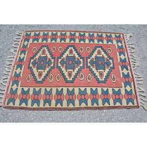Tapis d'appoint vintage turc 3,7x4,9 pieds, tapis en laine unie rouge et bleu - Product Image 3