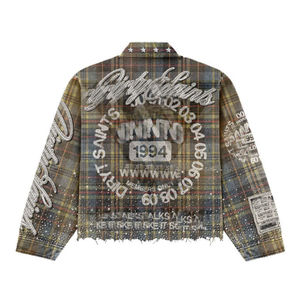 T-shirt à manches longues en coton vintage lavé de haute qualité, style streetwear personnalisé, chemise en flanelle à carreaux avec strass pour hommes - Product Image 6