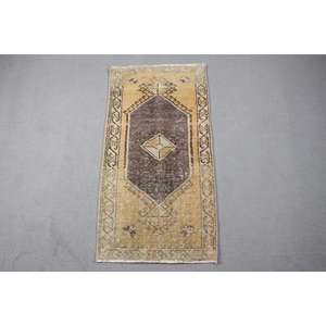 Vintage Rug 1.7x3.1 ft, <b>Brown</b> Yellow Camouflage <b>Wool</b> Turkish Rug - Product Image 1
