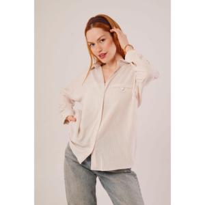 Lustrin Women's Oversize Cream Striped Viscose Shirt with Pocket Detail - Wholesale Loose Fit Blouse for Casual Wear - Product Image 1