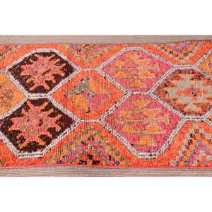 พรมตุรกี, พรมวินเทจขนาด 2.6x11.1 ฟุต, พรมขนสัตว์ลายนามธรรมสีส้มชมพู - Product Image 4