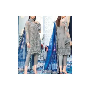 Silver Blue Color Embroidered Ladies Party Dress Embroidered Party Wear Salwar Kameez Indian Pakistani Clothing Stitched Dresses