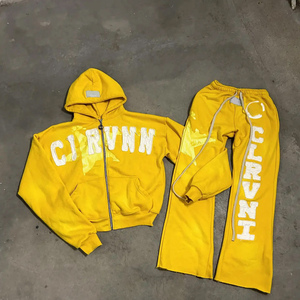 Personalizado de los hombres de talla grande de verano transpirable Zip-up Sudadera con capucha pantalones de chándal estilo Vintage bordado apliques conjunto 100% algodón - Product Image 2