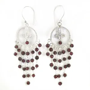 Boucles d'oreilles pendantes unisexes en argent 925 avec pampilles grenat style bohème pour soirée - Product Image 2