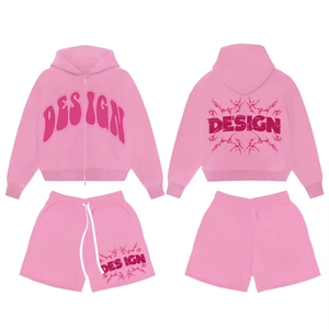 Ensemble survêtement unisexe de haute qualité avec sweat à capuche zippé et short, en molleton 100% coton, couleur unie, effet délavé à l'acide, personnalisable avec broderie, collection automne - Product Image 2