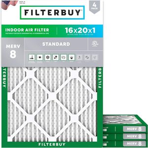 Filterbuy ไส้กรองอากาศขนาด 16x20x1 นิ้ว MERV 8 ป้องกันฝุ่นและสารก่อภูมิแพ้ (แพ็ค 4 ชิ้น) - Product Image 1