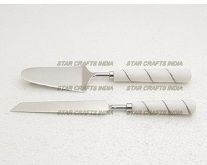 ชุดเซิร์ฟเวอร์โลหะสำหรับเค้กพายทะเลทรายชุดช้อนส้อมมีดแกะสลักสแตนเลส2ชิ้นพร้อมทองเหลืองเรซิน/ไม้/หินอ่อนด้ามจับสีเงิน - Product Image 6