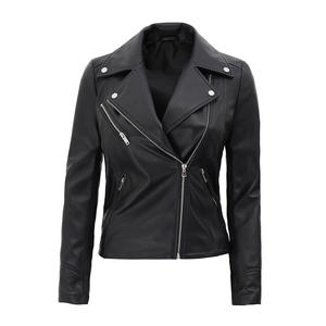 Chaquetas de cuero de otoño e invierno personalizadas de tendencia superior para mujer con cuello vuelto sólido mangas completas con forro de satén transpirable - Product Image 1