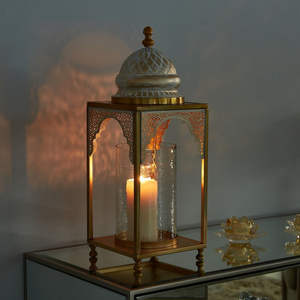 Decoraciones para el Hogar de Ramadán, Portavelas de Metal Dorado con Tapa Blanca Antigua, Elegantes Faroles Decorativos para Mesa - Product Image 2