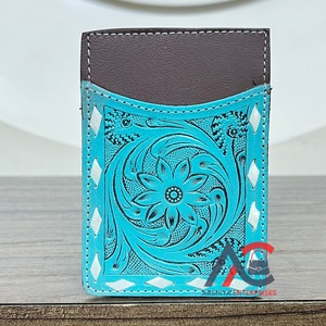 กระเป๋าใส่บัตรหนังแท้ลายดอกไม้สีฟ้าครามสไตล์ตะวันตก สำหรับทุกเพศ ดีไซน์เรียบง่ายทันสมัย - Product Image 1