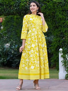 Robe décontractée de luxe pour femme, style ethnique de créateur, longueur genou, imprimé floral, en pur coton respirant, coupe trapèze, manches longues, col mandarin - Product Image 5