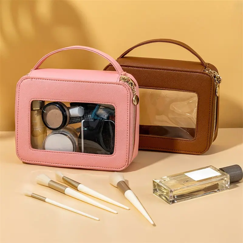 Oem Custom Logo Pvc con manico superiore sacchetti cosmetici in Pvc trasparente wc rosa bellezza bellezza borsa con cerniera per cosmetici da viaggio