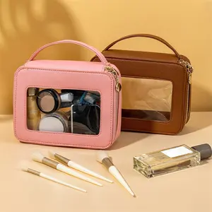 Oem定制标志Pvc顶部手柄化妆包袋Pvc透明马桶粉色美容旅行化妆品拉链包