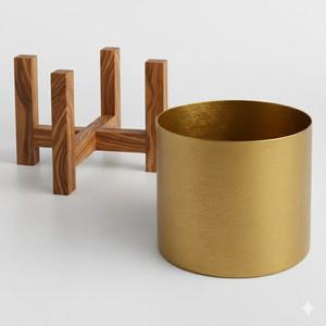 Ensemble de 3 jardinières pour la maison, bases en bois avec pieds inclinés, pots ronds en métal pour décoration intérieure, extérieure et jardin - Product Image 3