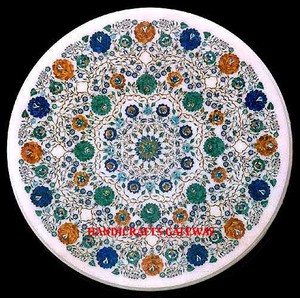 <b>Round</b> Shape Handmade <b>White</b> Marble Flower Inlay Dining <b>Table</b> Top Modern Design Use for Restaurant Purpose Inlay <b>White</b> Marble Tops - Product Image 1