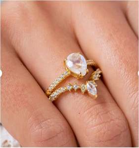 Yellow <b>Gold</b> Plated 925 Sterling Silver Women's Art Deco White CZ Birthstone Stackable <b>Ring</b> Set for Wedding & Party Handmade - Product Image 3