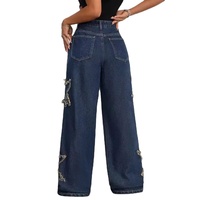 Pantalon décontracté pour femme, jean à taille haute et jambes larges, design avec étoiles, polyester et coton, séchage rapide
